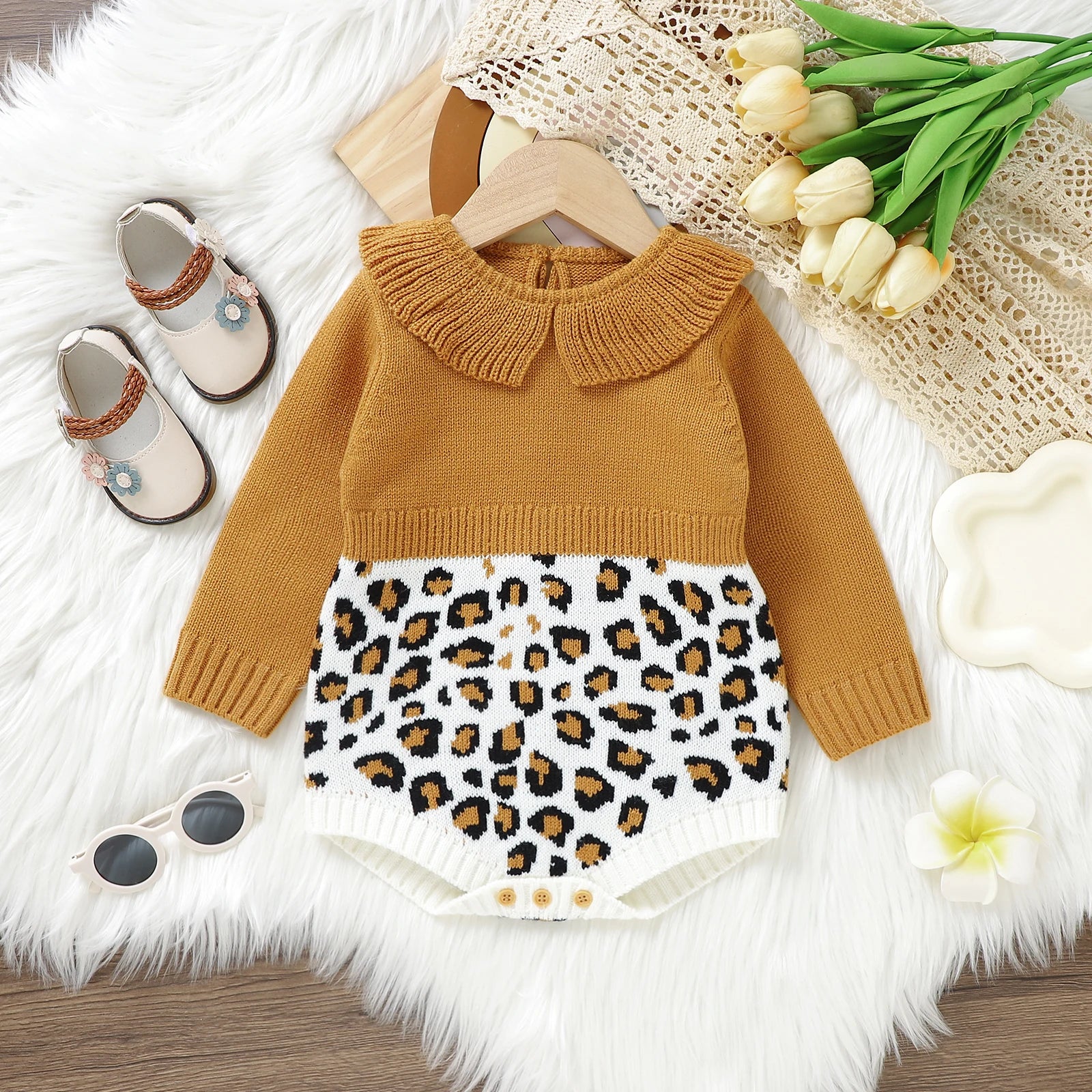 Leopard Print Peter Pan Collar Knit Romper