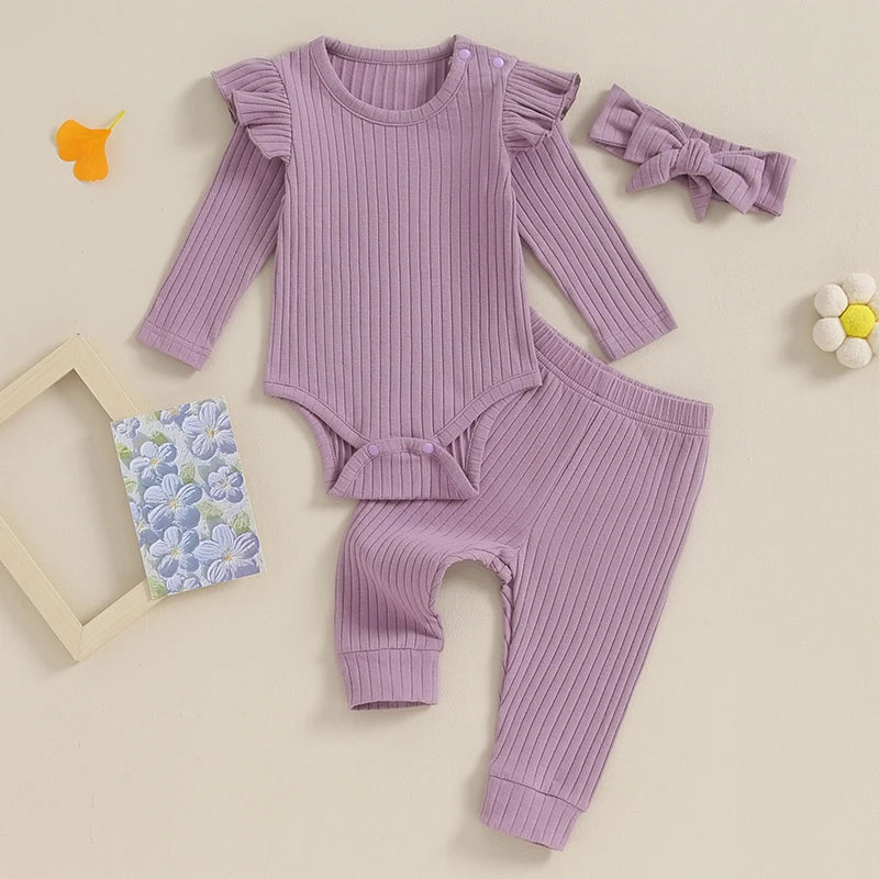 Ribbed Ruffle Romper 3 Piece Set