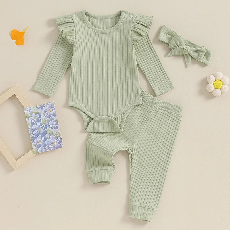 Ribbed Ruffle Romper 3 Piece Set