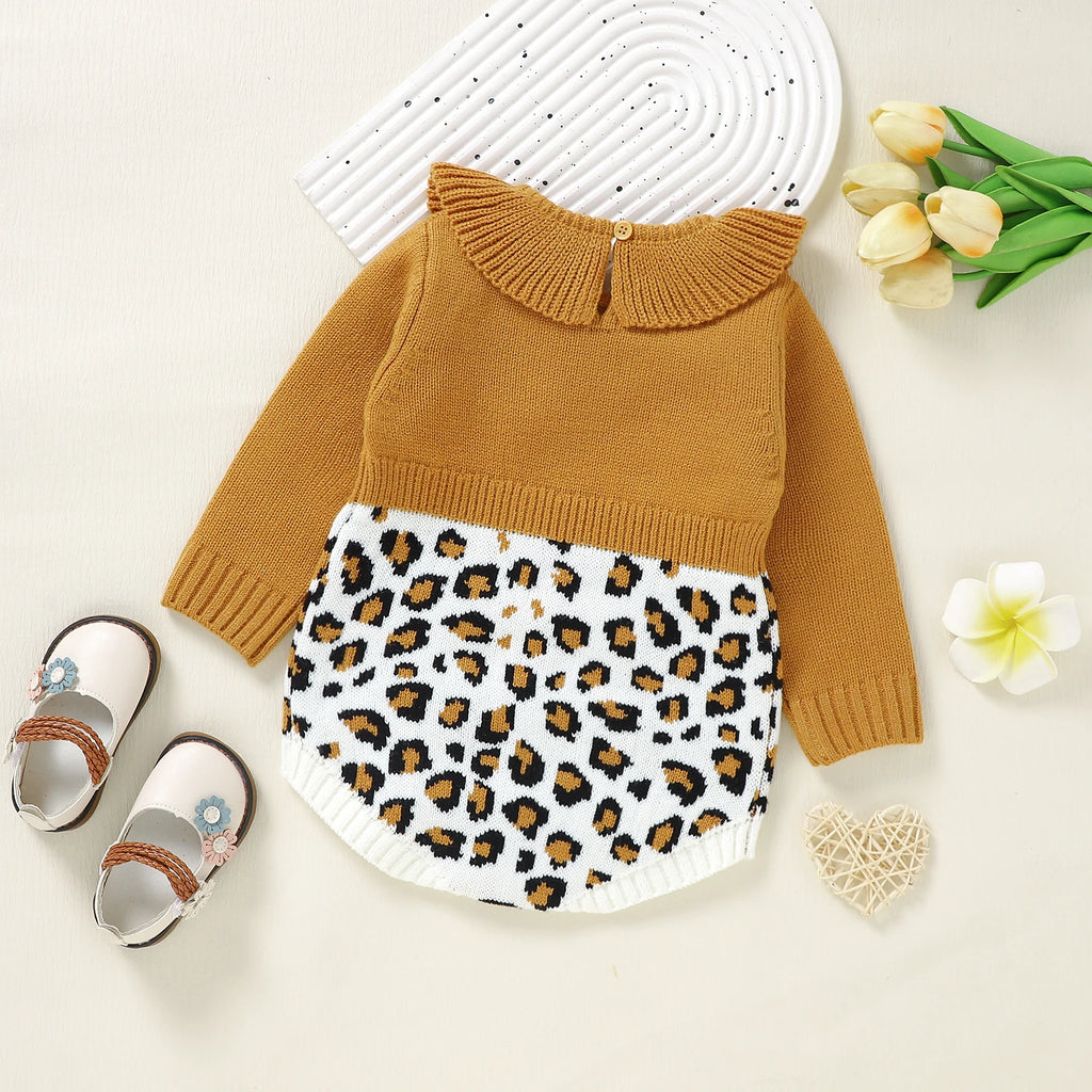 Leopard Print Peter Pan Collar Knit Romper