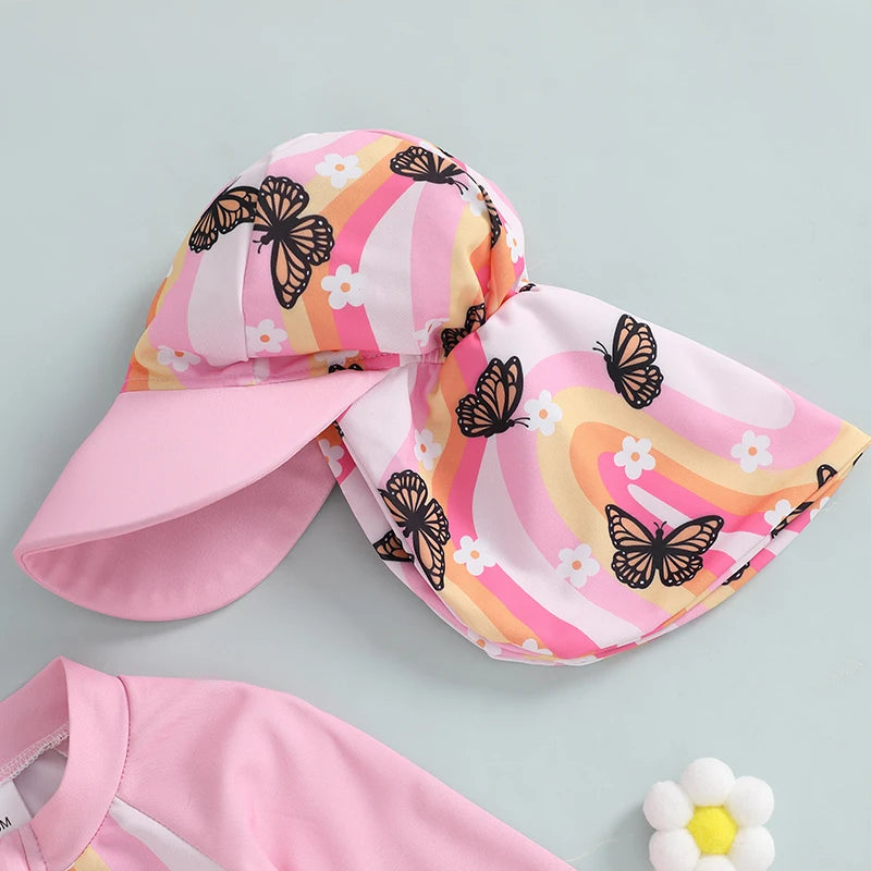Butterfly Rainbow Print Swimsuit with Hat