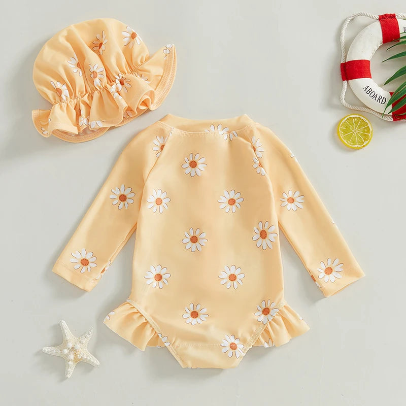 Daisy Print Zip-up Swimsuit and Hat
