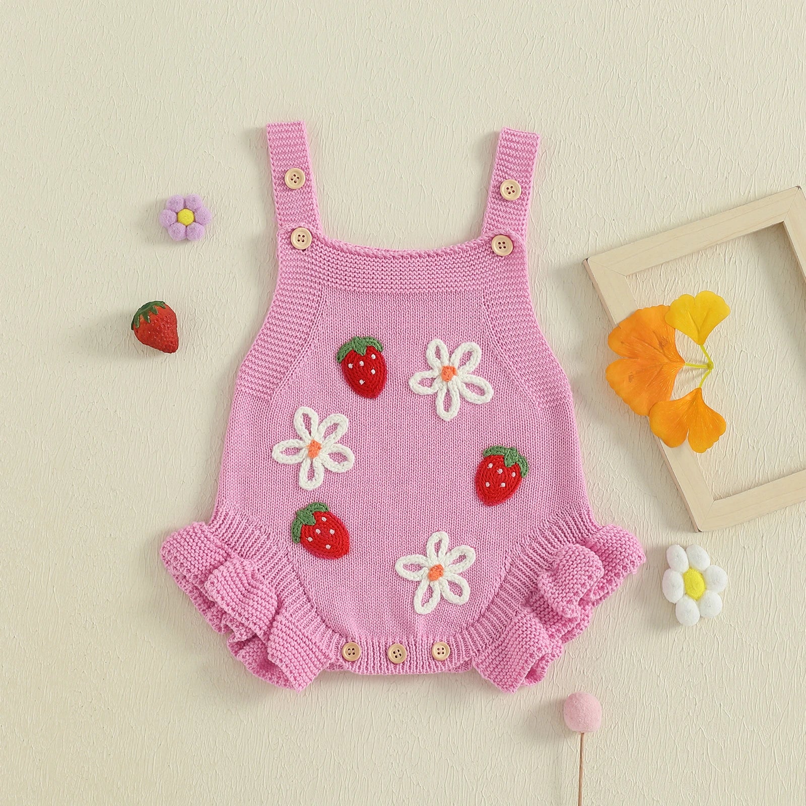 Strawberries & Daisies Embroidered Knit Romper