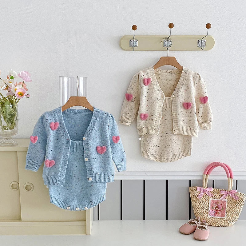 Speckled Knit Romper & Love Heart Cardigan