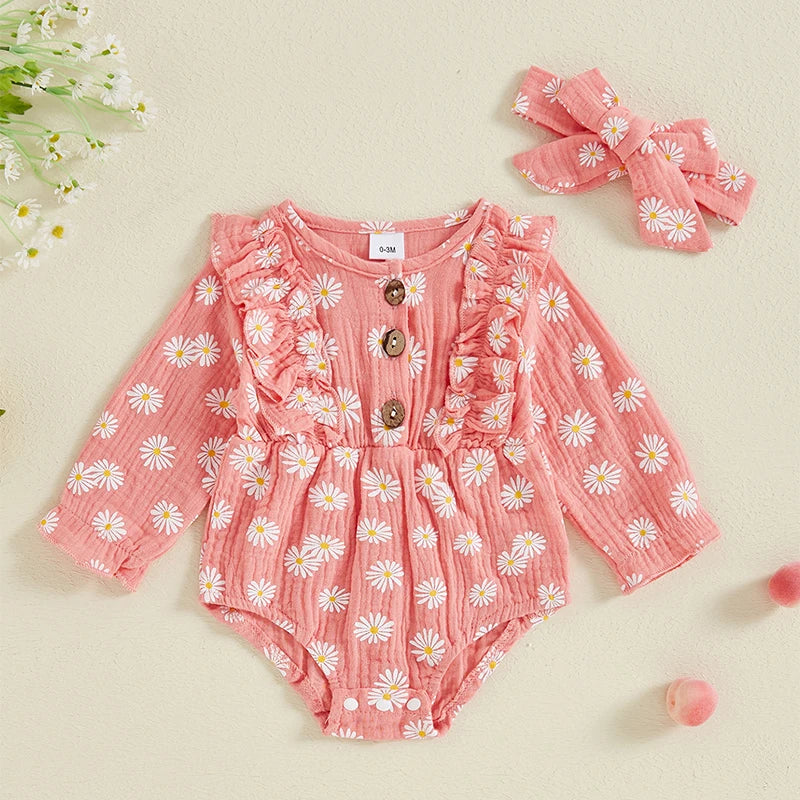 Long Sleeve Daisy Print Ruffle Romper & Headband set