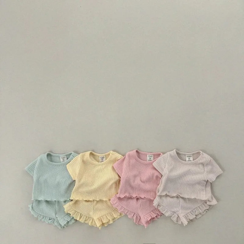 Ribbed Pastel Top & Ruffle Shorts Set