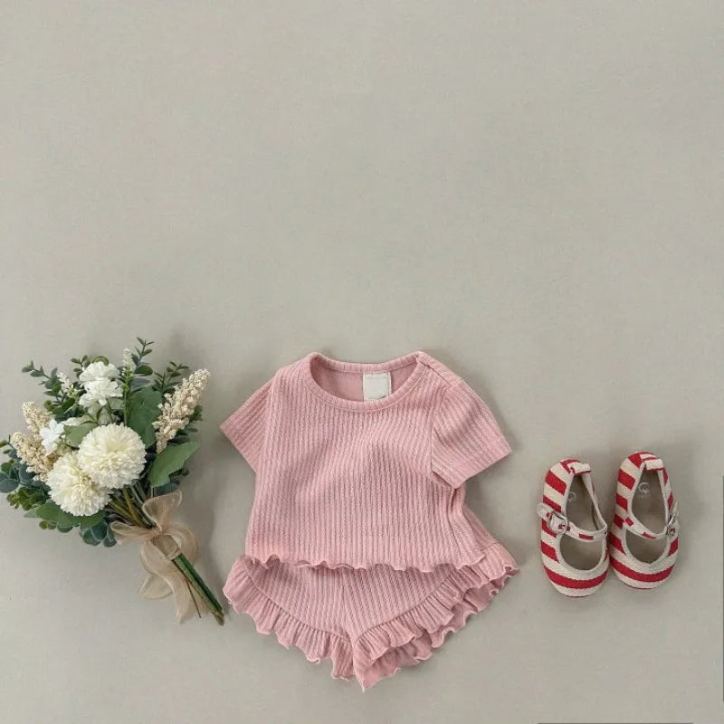 Ribbed Pastel Top & Ruffle Shorts Set