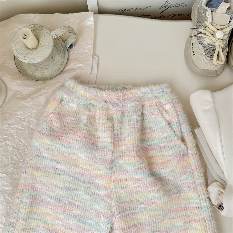 Fleece Rainbow Pastel Wide Leg Trousers