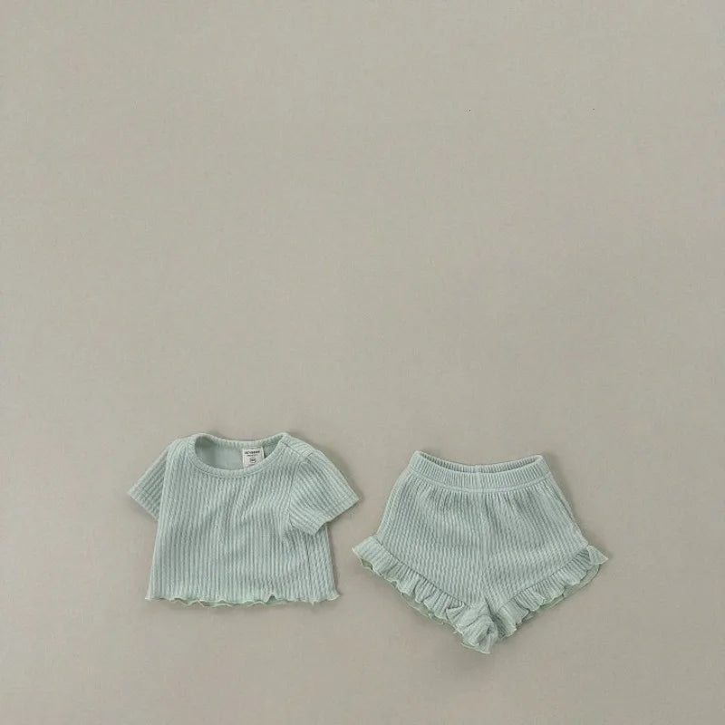 Ribbed Pastel Top & Ruffle Shorts Set