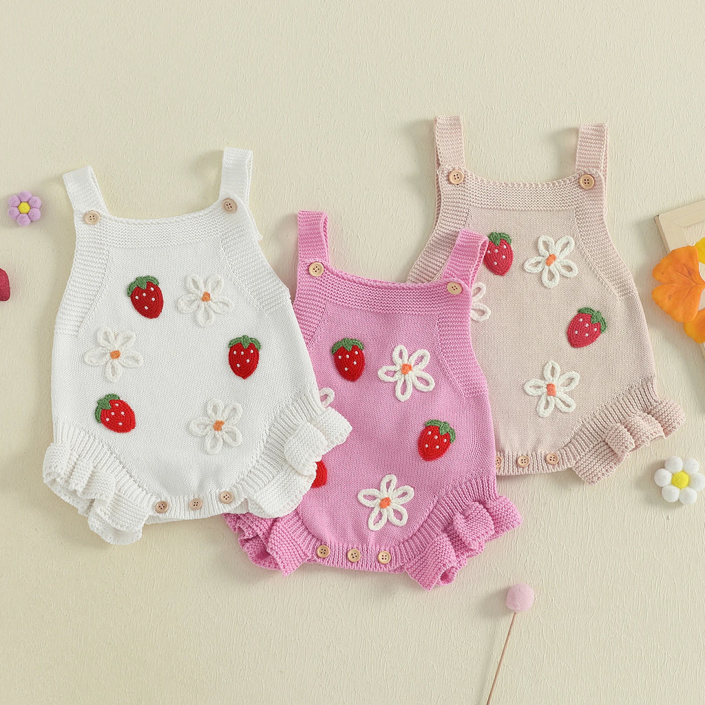 Strawberries & Daisies Embroidered Knit Romper