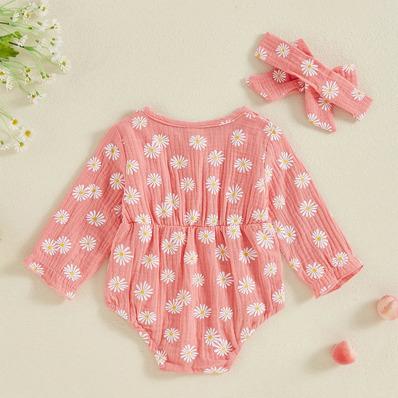 Long Sleeve Daisy Print Ruffle Romper & Headband set