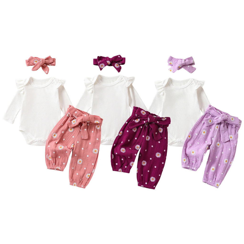 Daisy Print Trousers & Headband + Ruffle Romper Set