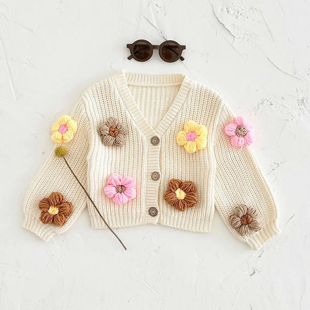 Chunky Knit 3D Flower Cardigan