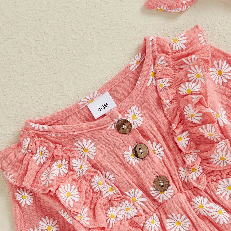 Long Sleeve Daisy Print Ruffle Romper & Headband set