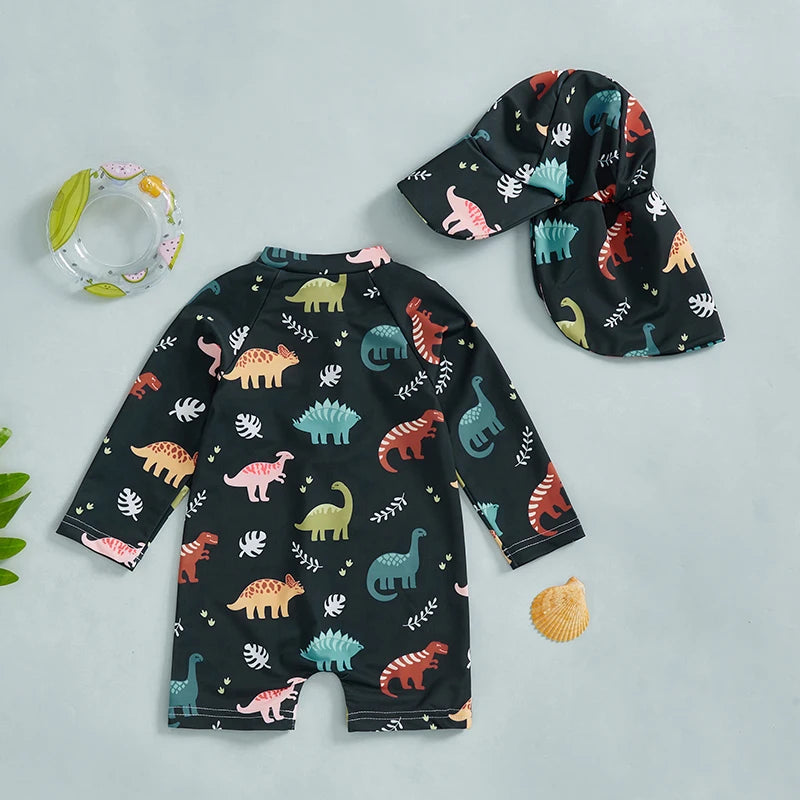 Colourful Dino Print Swimsuit with Hat 2 Piece