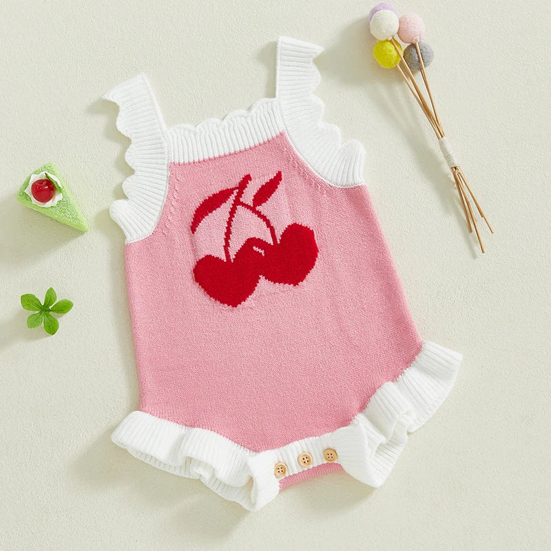 Cherry Heart Ruffle Trim Romper