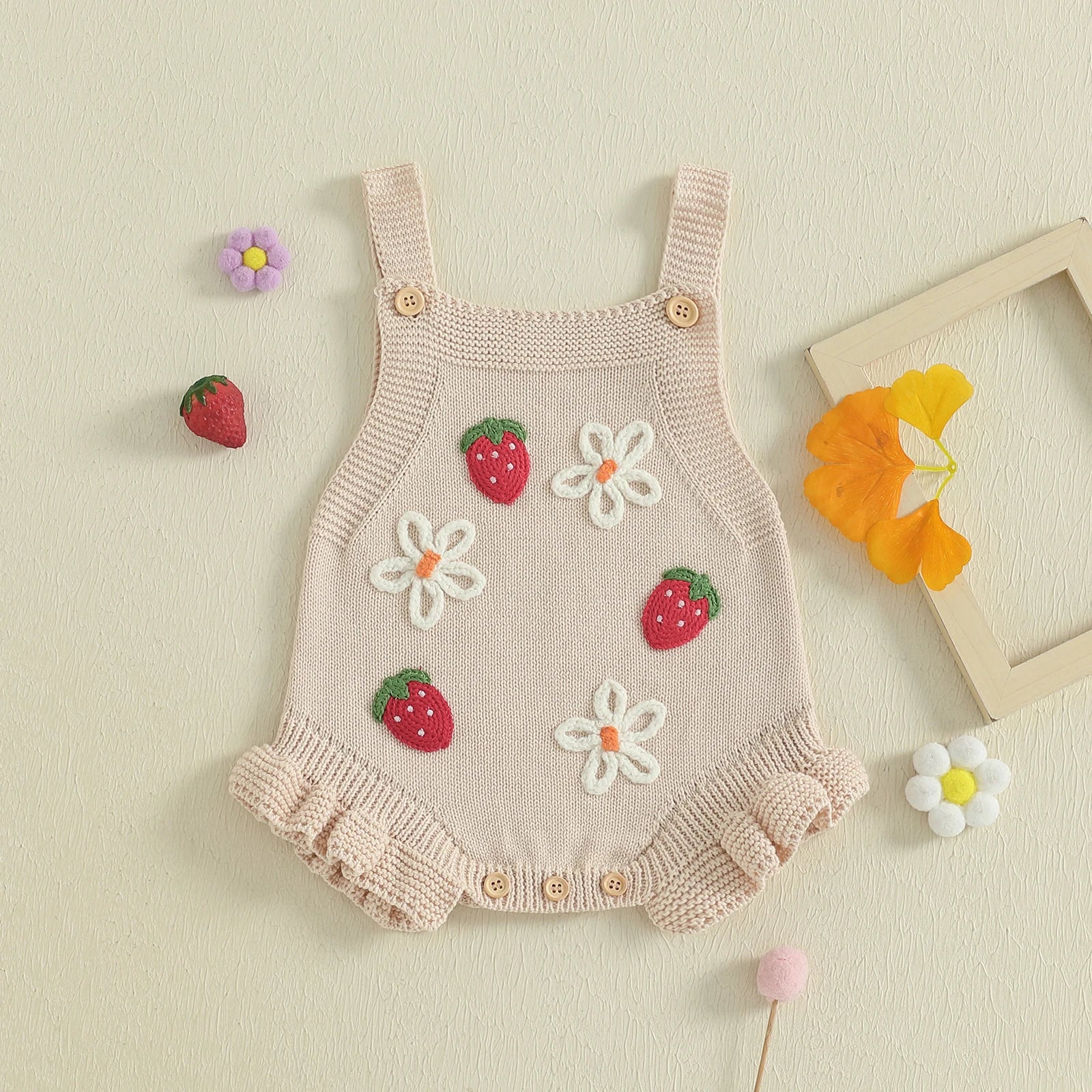 Strawberries & Daisies Embroidered Knit Romper