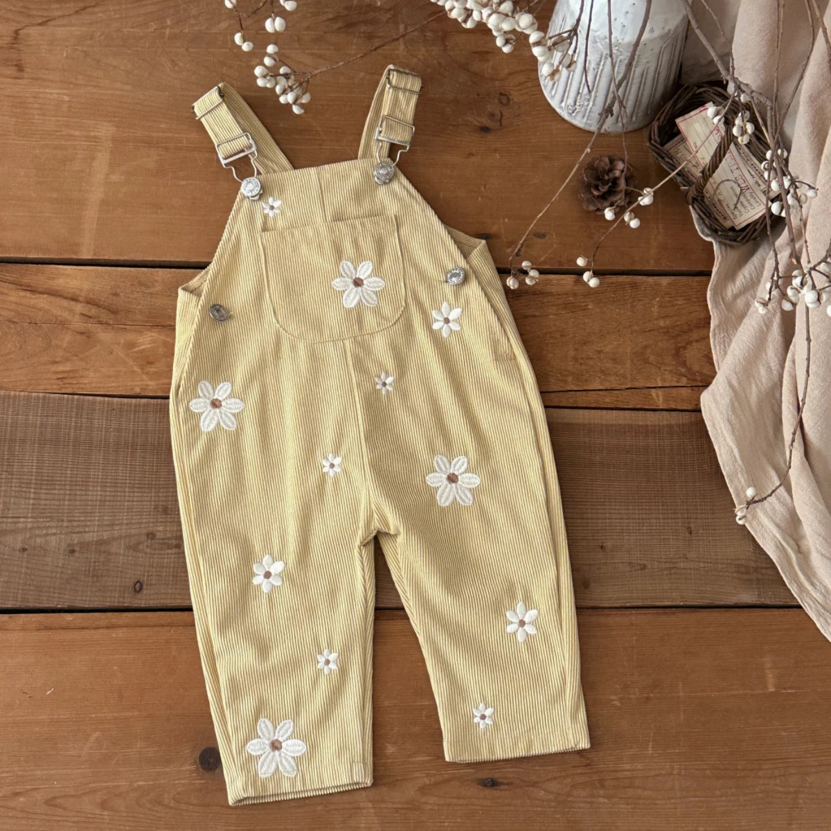 Corduroy Daisy Embroidery Dungarees