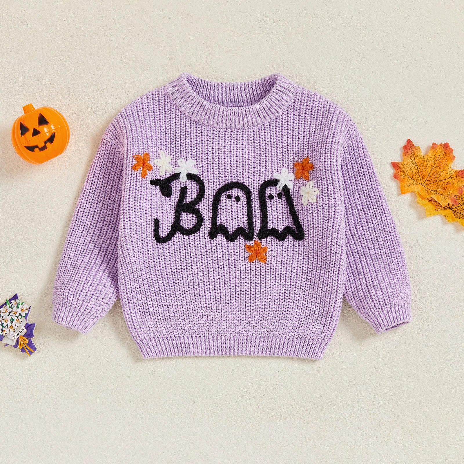 BOO Ghost Flower Embroidered Pullover