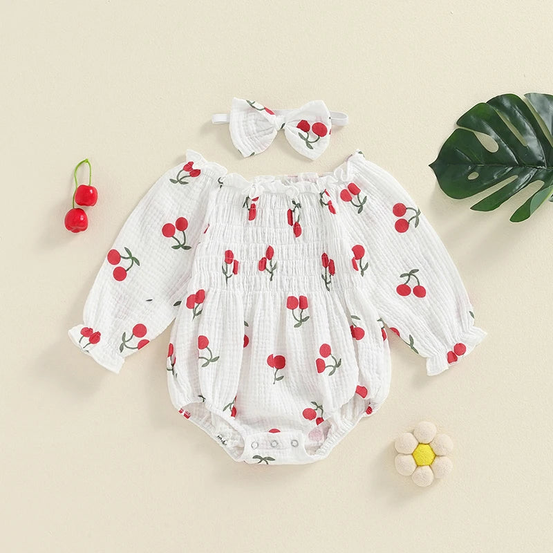 Cherry Print Smocked Romper & Headband