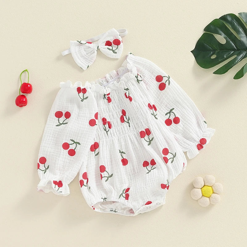 Cherry Print Smocked Romper & Headband