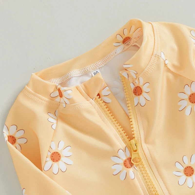 Daisy Print Zip-up Swimsuit and Hat