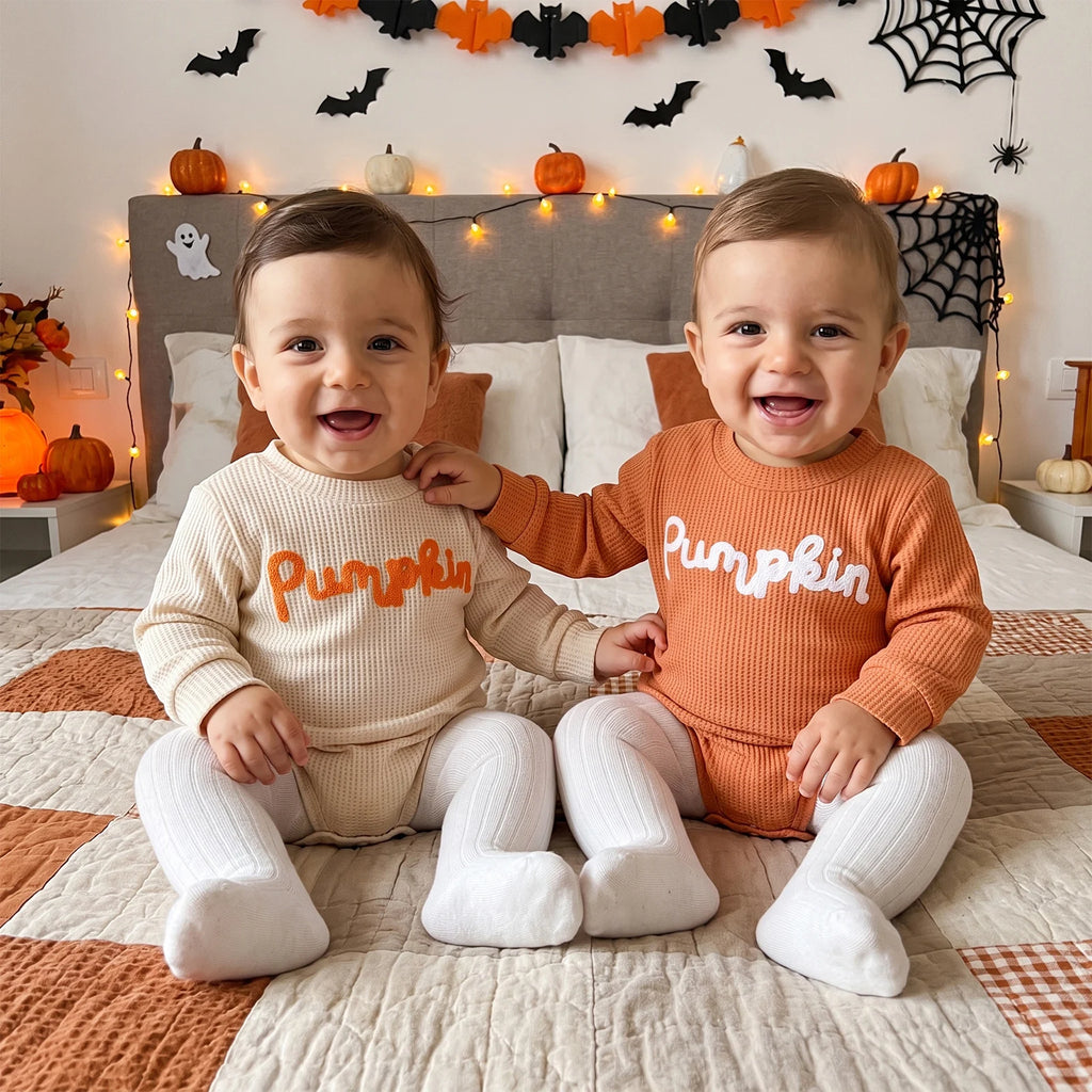 Pumpkin Embroidered Ribbed Romper