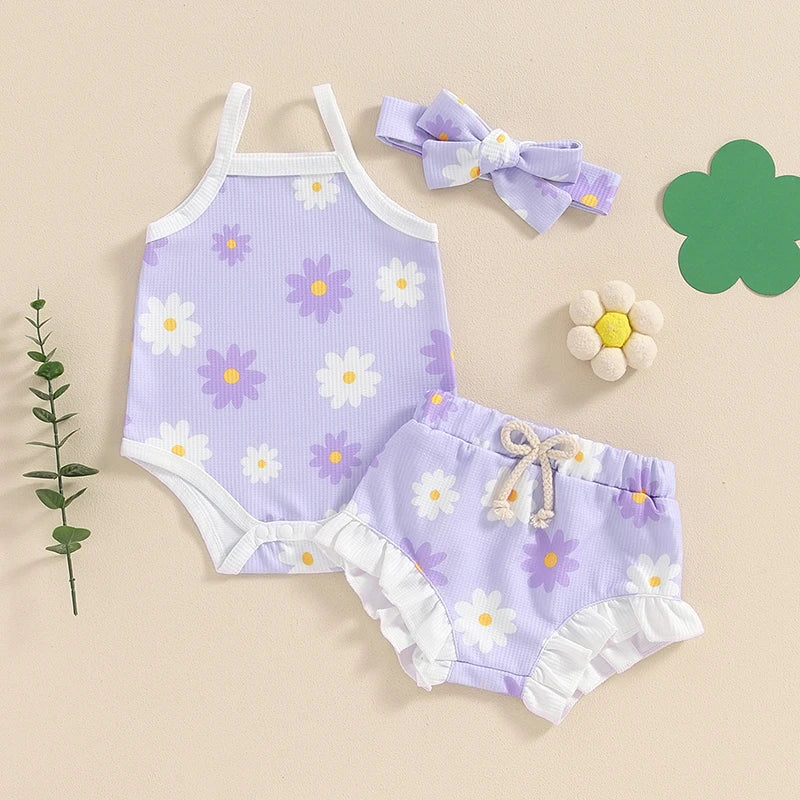 Flower Print Romper, Bloomers & Headband Set