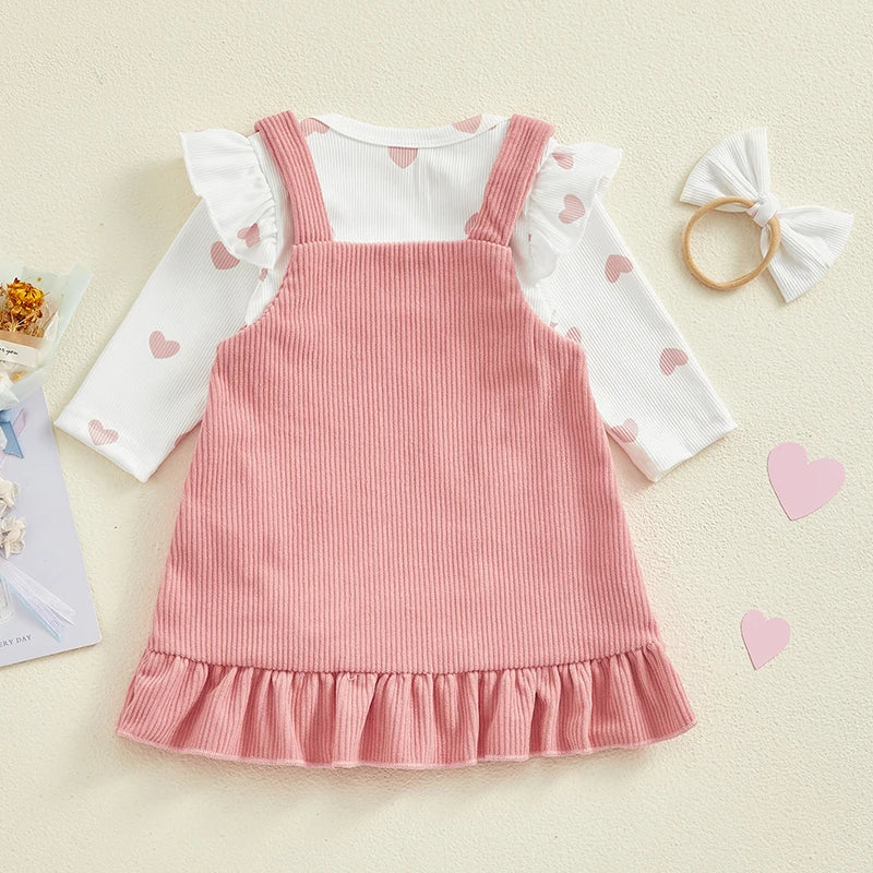 Ribbed Heart Print Romper, Headband & Corduroy Suspender Dress Set