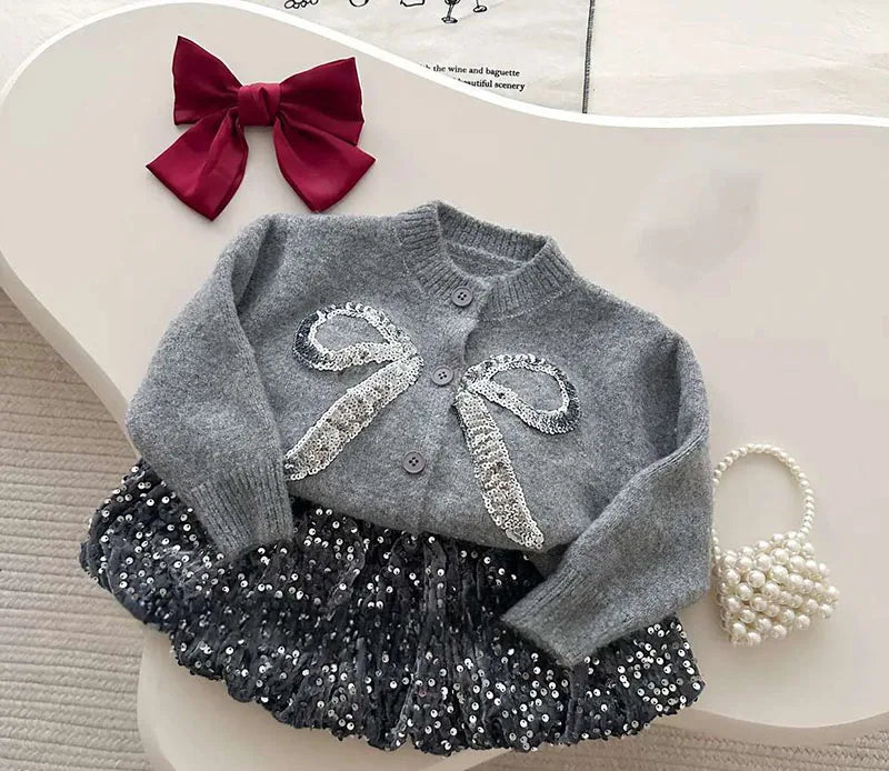 Sequin Bow Cardigan + Sequin Skirt Set