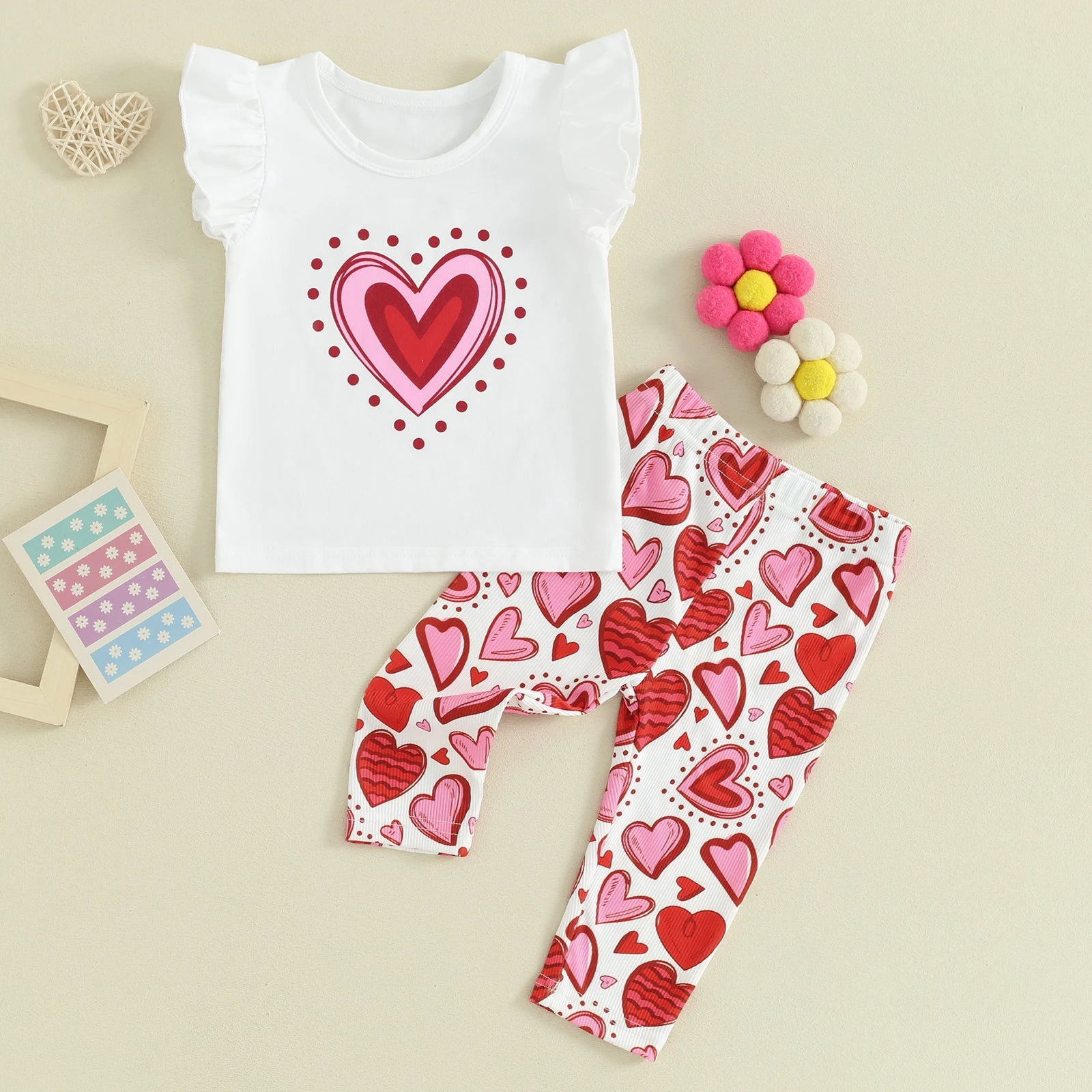 Ruffle Sleeve Heart & Trousers Set