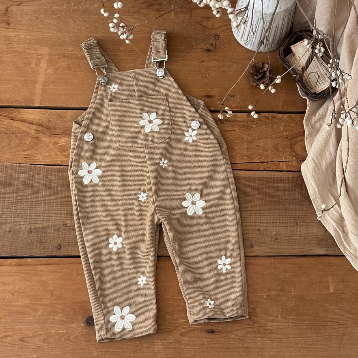 Corduroy Daisy Embroidery Dungarees