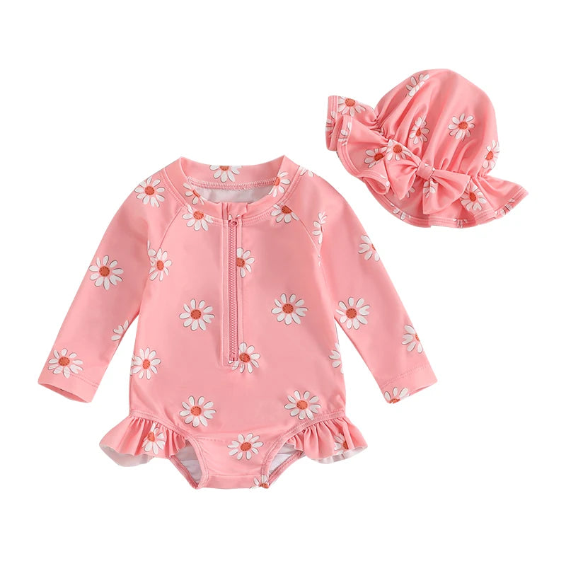 Daisy Print Zip-up Swimsuit and Hat