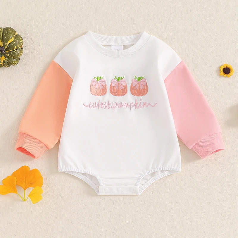 Cutest Pumpkin Bow Embroidery Contrast Romper