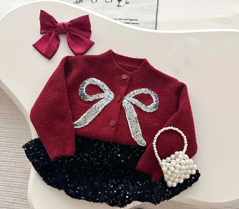 Sequin Bow Cardigan + Sequin Skirt Set
