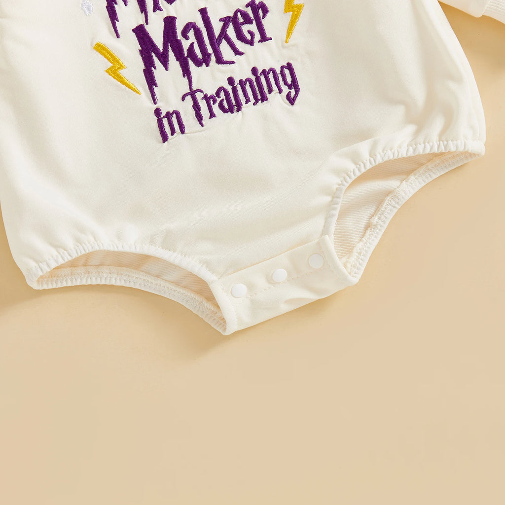 Mischief Maker in Training Embroidery Romper