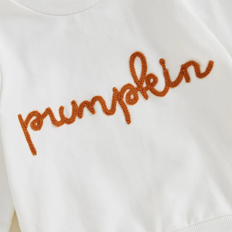 Pumpkin Letter Embroidered Top & Pumpkin Print Trousers Set