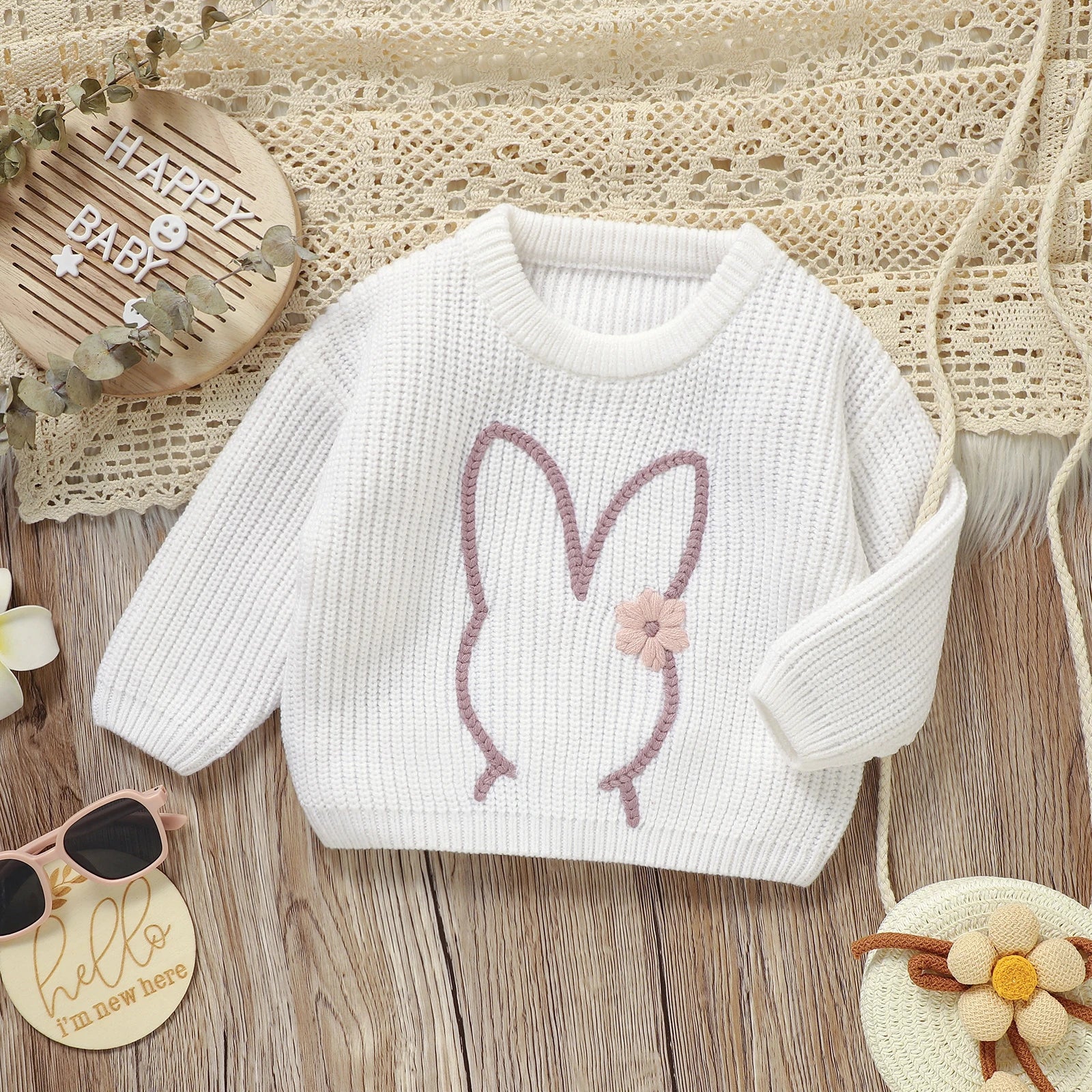 Embroidery Bunny Daisy Knit Pullover