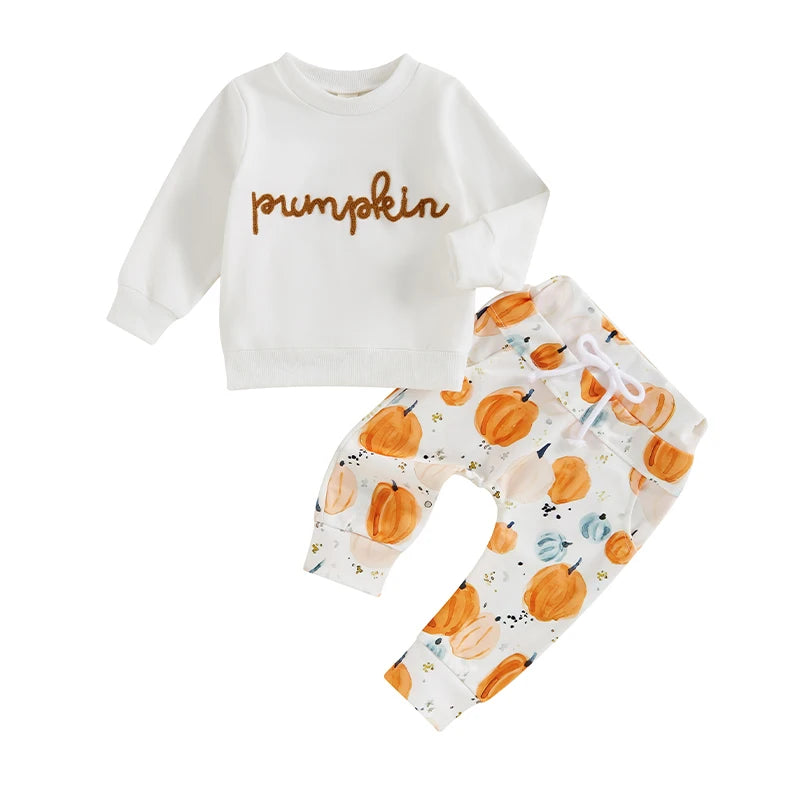 Pumpkin Letter Embroidered Top & Pumpkin Print Trousers Set