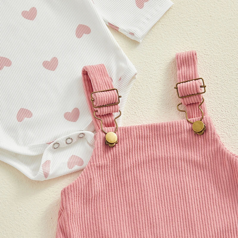 Ribbed Heart Print Romper, Headband & Corduroy Suspender Dress Set