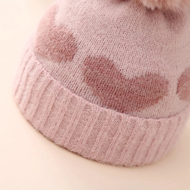 Pom Pom Heart Beanie Hat