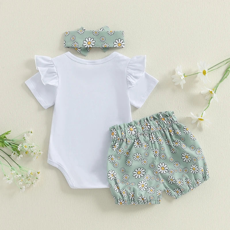 Mama's Mini Daisy Print Romper, Shorts & Headband Set