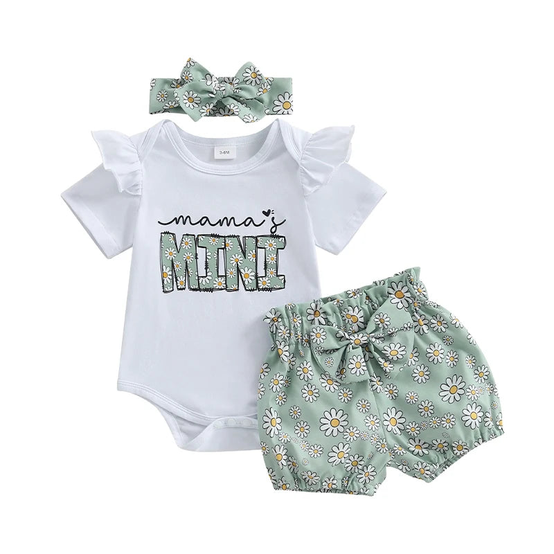 Mama's Mini Daisy Print Romper, Shorts & Headband Set