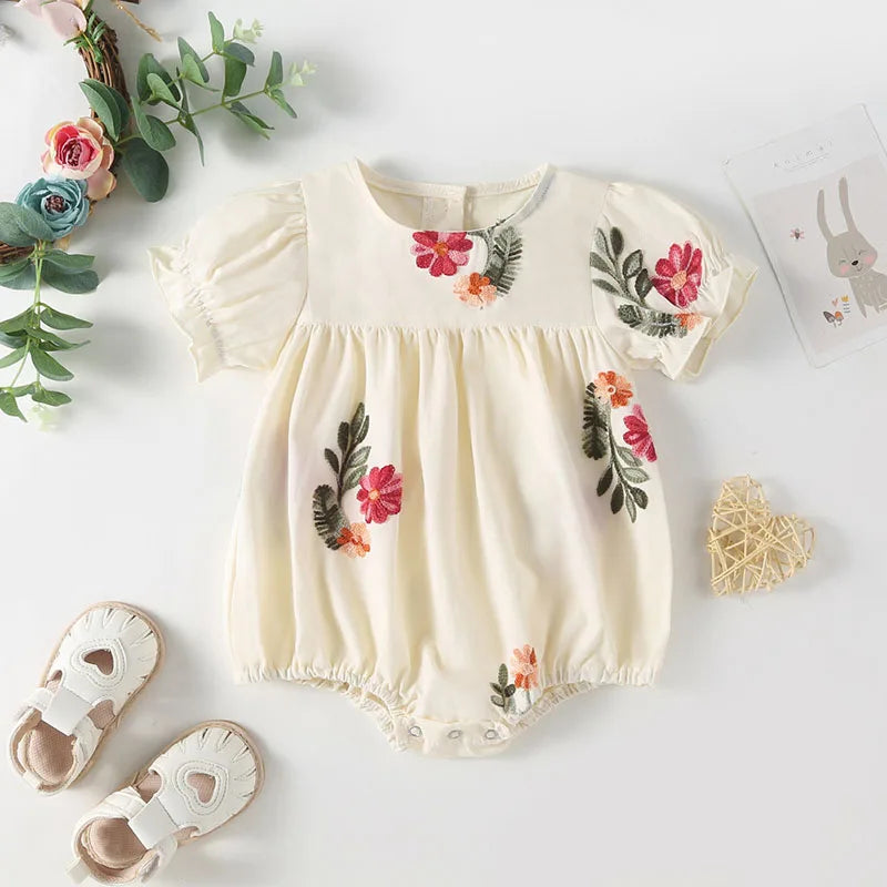 Floral Embroidery Puff Sleeve Romper / Set