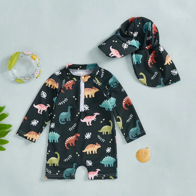 Colourful Dino Print Swimsuit with Hat 2 Piece