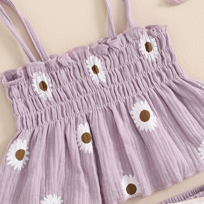 Pleated Daisy Print Camisole, Bloomers & Headband Set