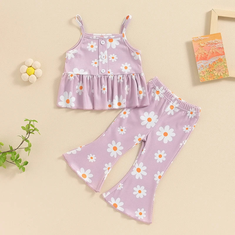 Ribbed Daisy Ruffle Top & Flares Set