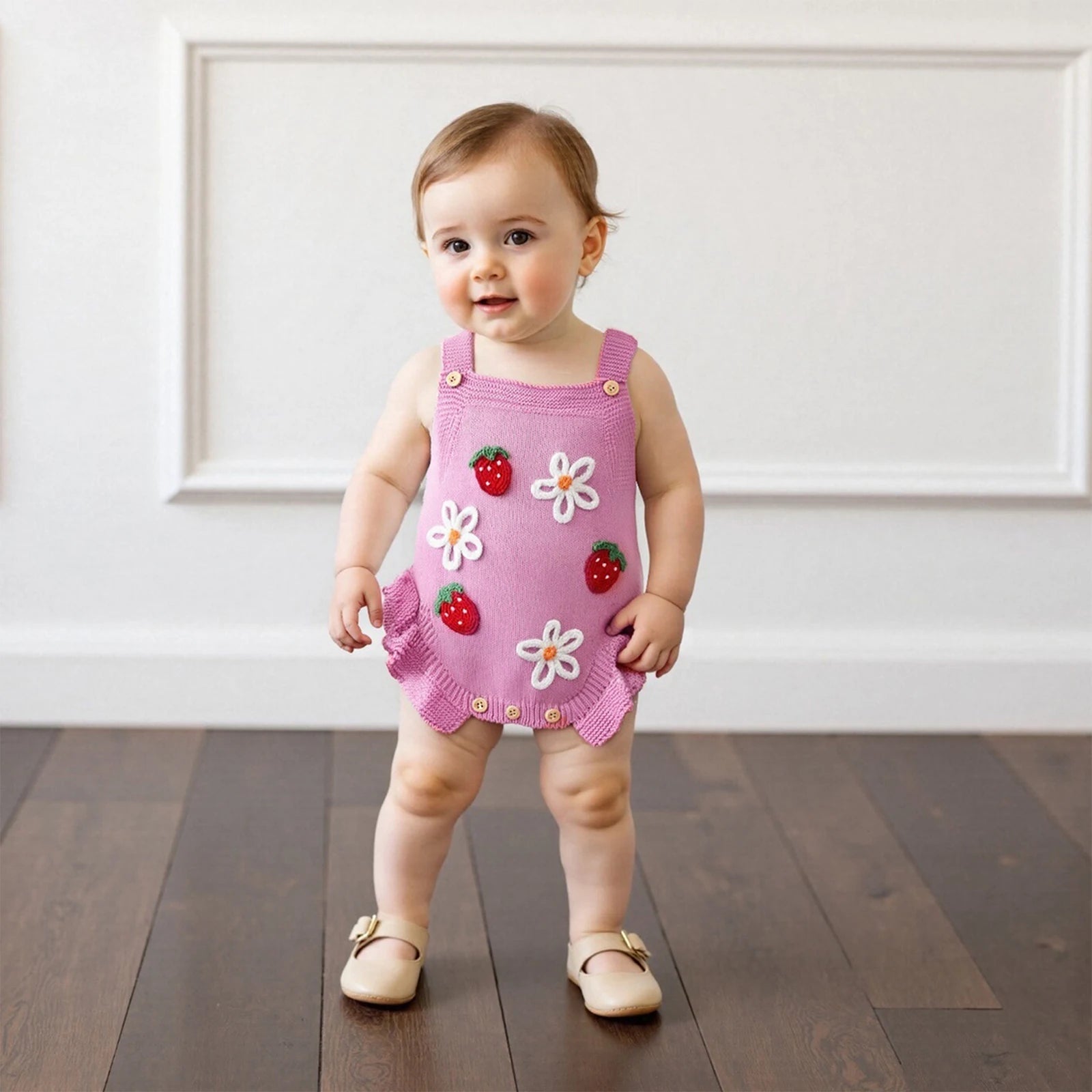 Strawberries & Daisies Embroidered Knit Romper