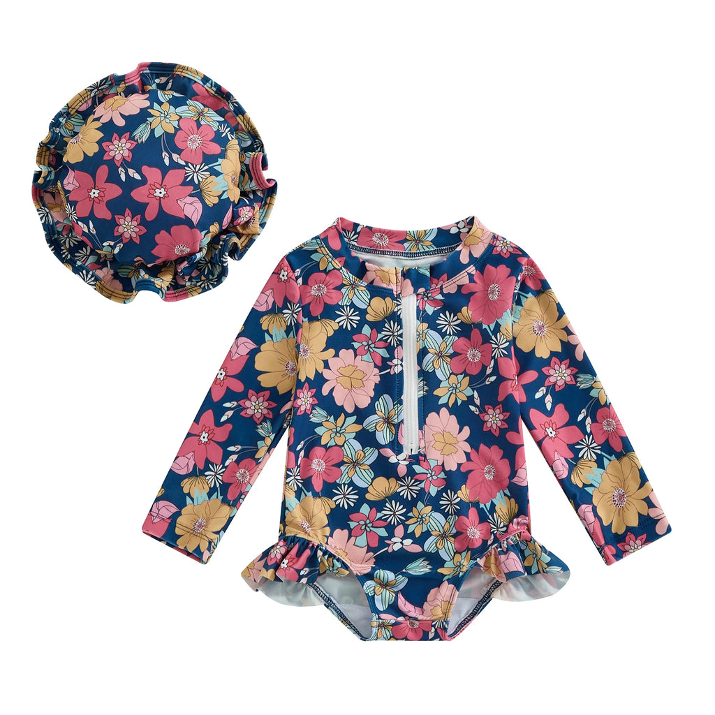 Bold Floral Print Swimsuit and Hat