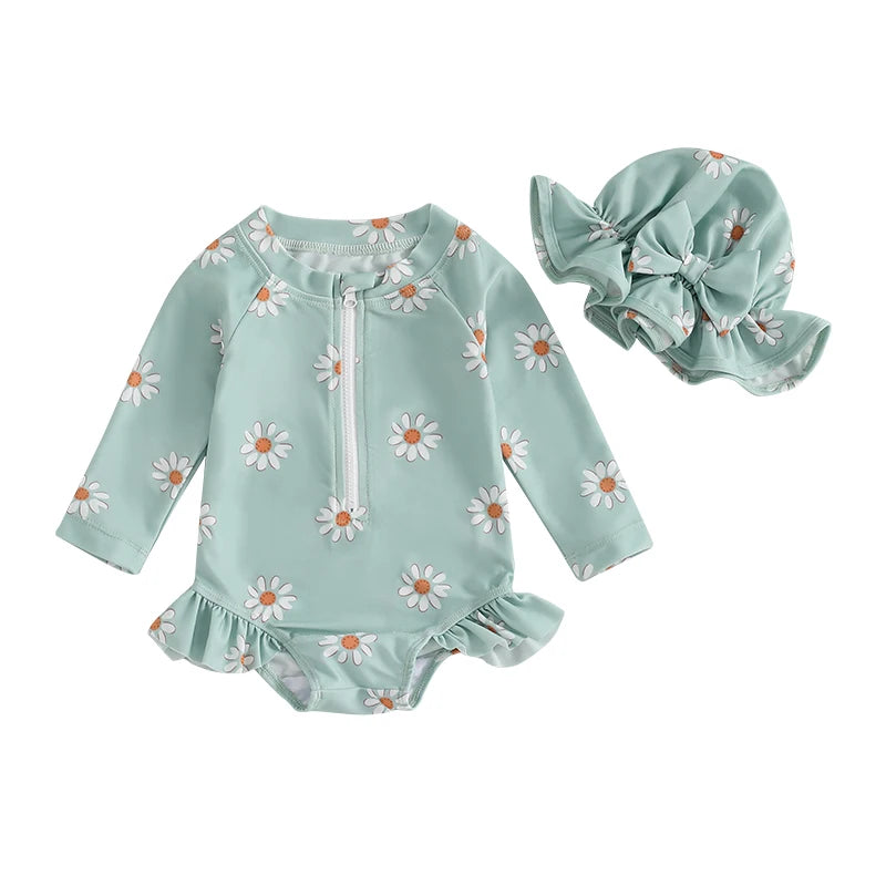 Daisy Print Zip-up Swimsuit and Hat